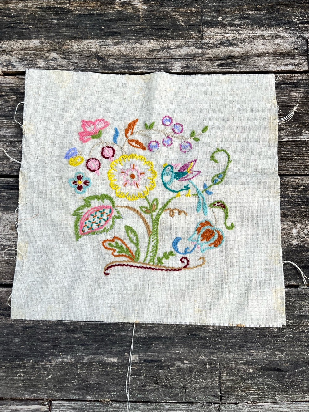 Vintage Finished Crewel Embroidery Fabric Square Bird & Floral Design (Unframed)